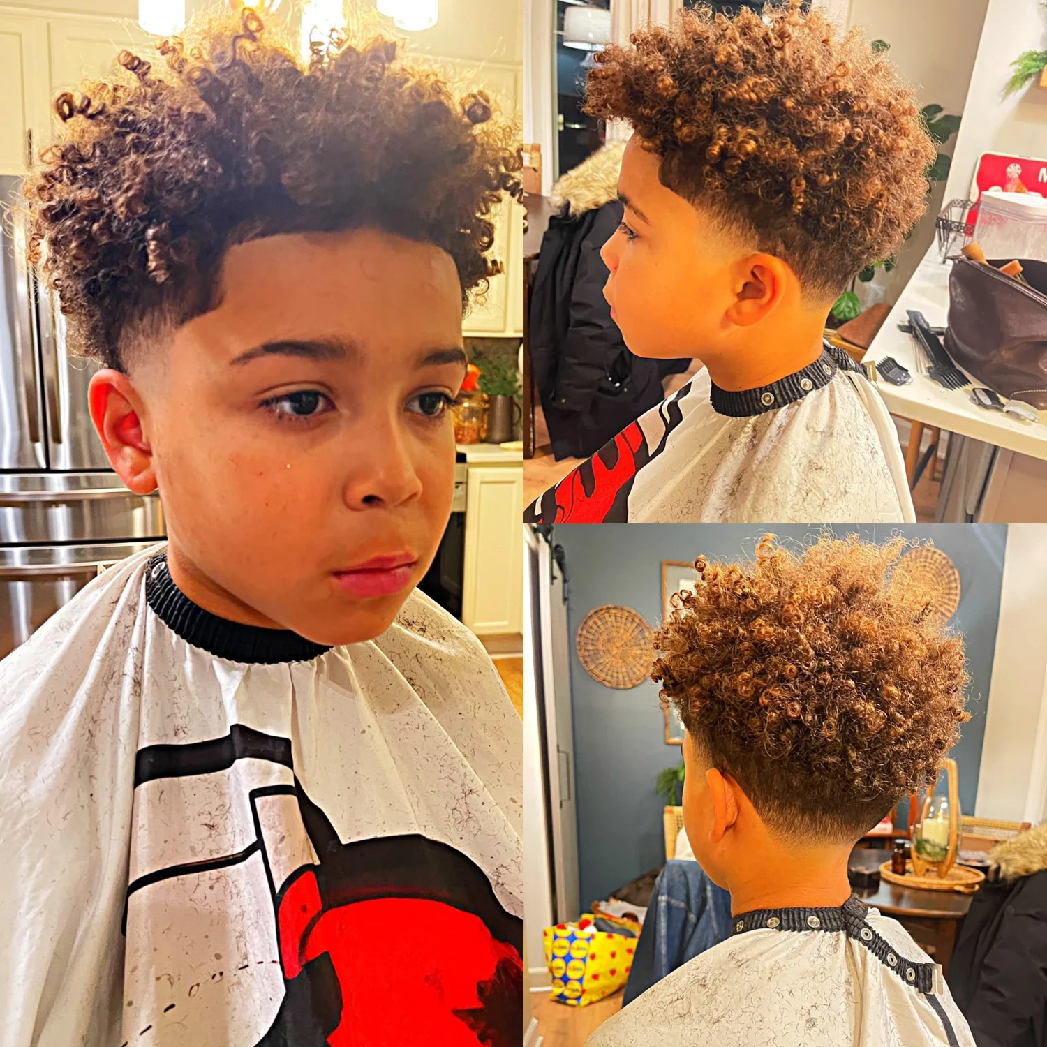 Multiple views of a finished curly haircut