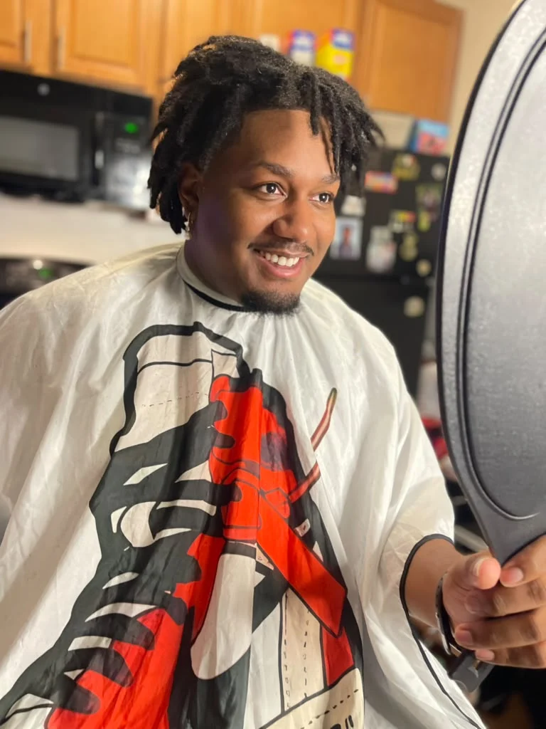 Finished haircut viewed in a mirror